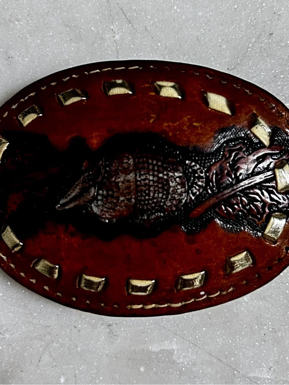 Tony Lama ~ Vintage ~ Brown ~ Armadillo Texas Western Leather Tooled Belt Buckle